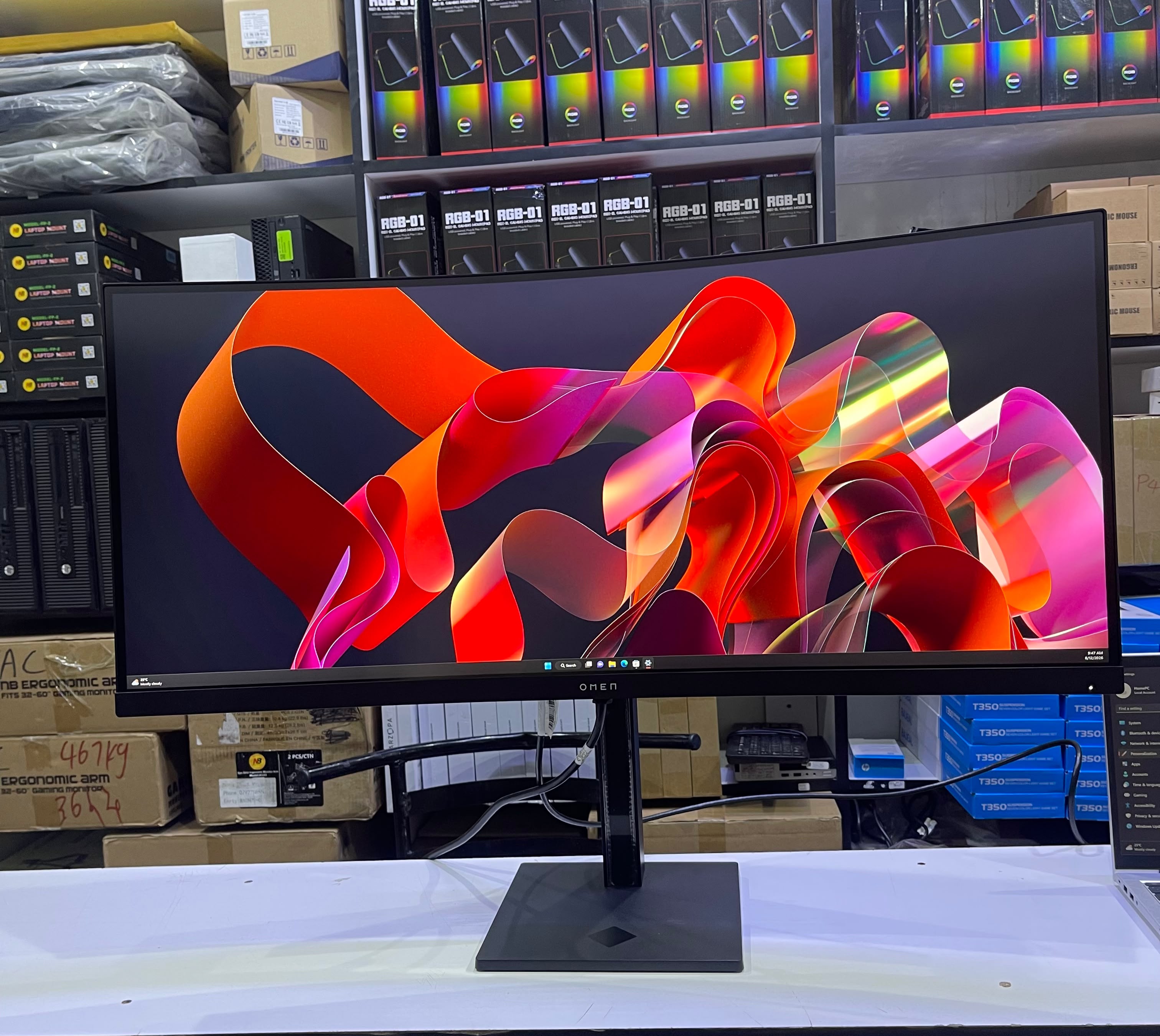 BRAND NEW HP OMEN 34c l34-inch ultrawide curved gaming monitor, WQHD (3440 x 1440), 165Hz refresh rate, 1ms response time, a 1500R curvature, and AMD FreeSync Premium support. 2x HDMI & Display Ports, Inbuilt Speakers. product photo
